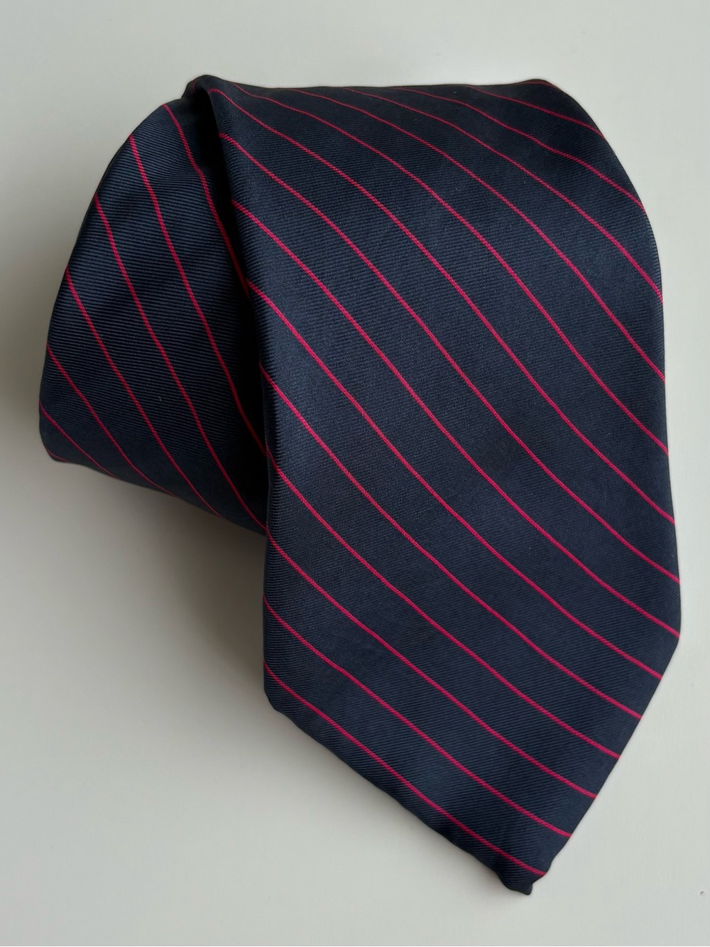 The Custom Shop Men's Silk Navy Blue Tie with Pink Pinstripes. Made in USA